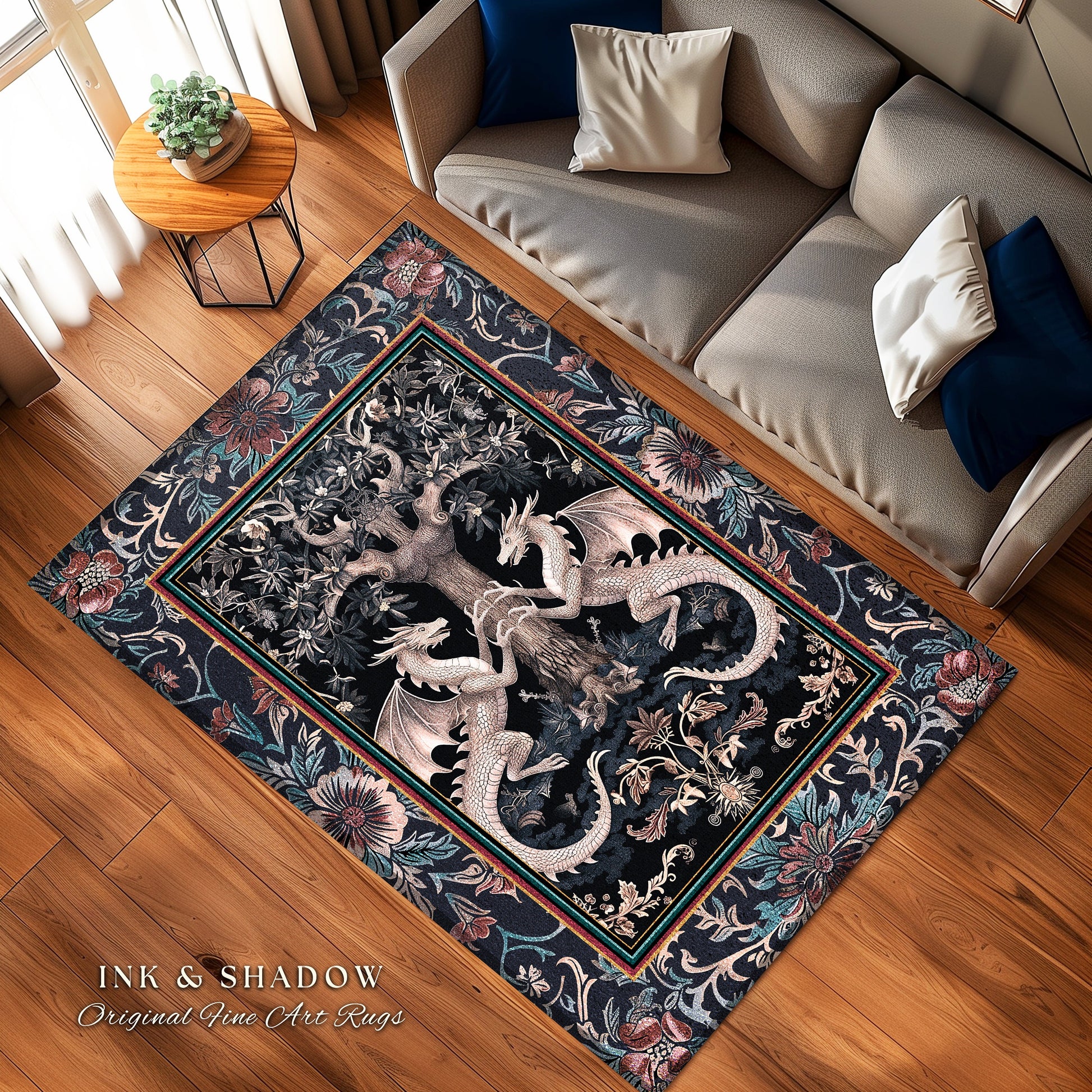 Medieval Fantasy Dragon Rug Victorian Whimsigothic Decor | Enchanted Forest Gothic Aesthetic Art Nouveau Baroque Elegance Cottagecore Style