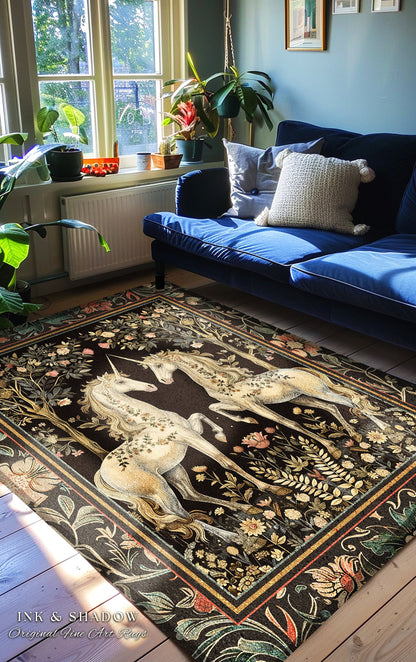 Soft Cottagecore Floral Area Rug Magical Unicorns Fairycore Fairytale Aesthetic | Whimsical Rustic Decor Baroque Romantic Mystic Forestcore