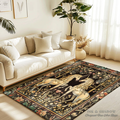 Soft Cottagecore Floral Area Rug Magical Unicorns Fairycore Fairytale Aesthetic | Whimsical Rustic Decor Baroque Romantic Mystic Forestcore
