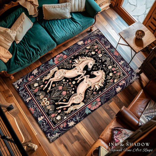 Vintage Aesthetic Unicorn Art Rug Whimsical Purple Decor Magic Cottagecore, Fairycore Magical Creature Dark Floral Enchanted Fairytale Decor