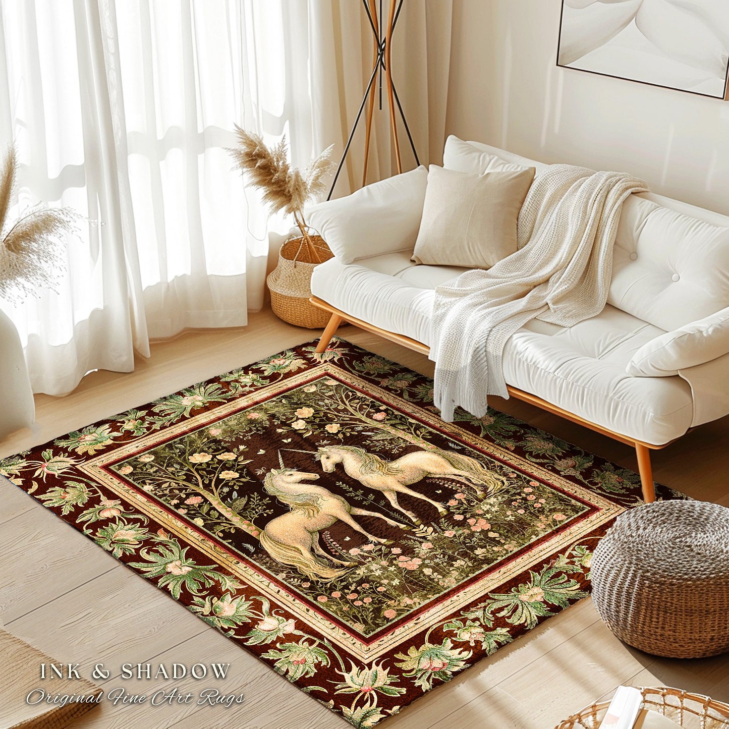 Mystic Storybook Aesthetic Unicorn Rug | Whimsical Sage Green Ornate Baroque Fantasy Area Rug Enchanted Nouveau Cottagecore Fairytale Accent