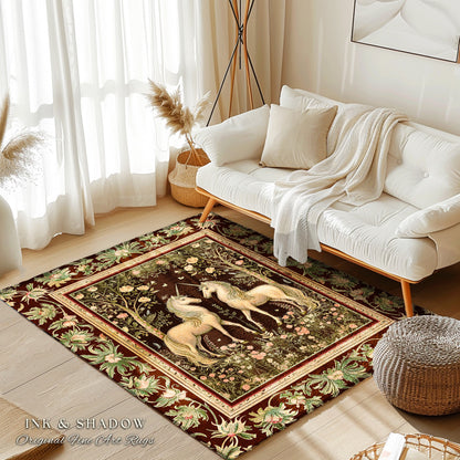 Mystic Storybook Aesthetic Unicorn Rug | Whimsical Sage Green Ornate Baroque Fantasy Area Rug Enchanted Nouveau Cottagecore Fairytale Accent