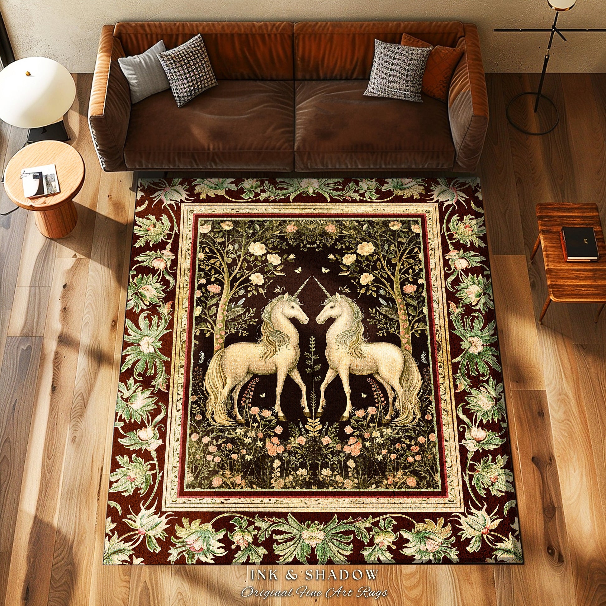 Mystic Storybook Aesthetic Unicorn Rug | Whimsical Sage Green Ornate Baroque Fantasy Area Rug Enchanted Nouveau Cottagecore Fairytale Accent