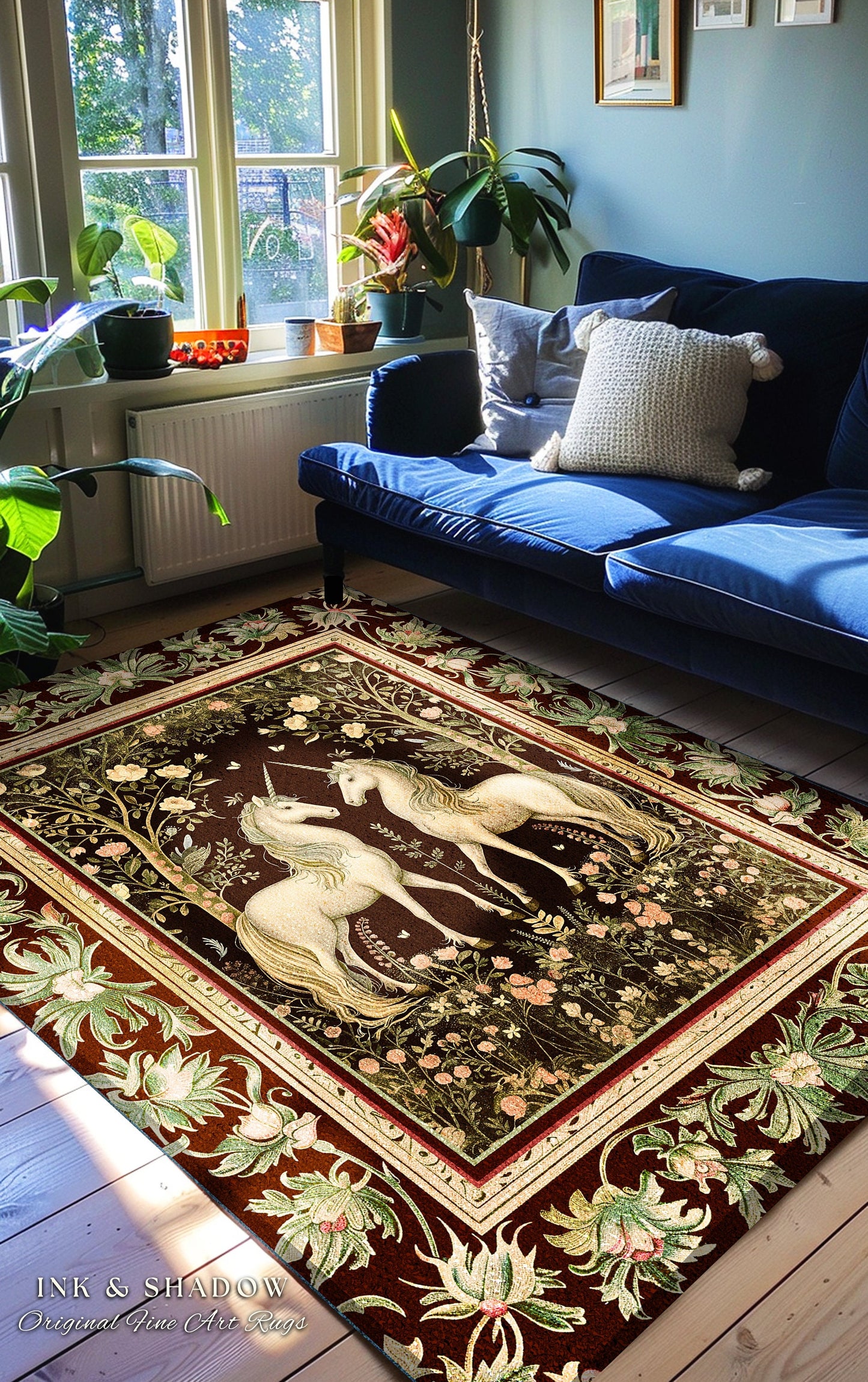 Mystic Storybook Aesthetic Unicorn Rug | Whimsical Sage Green Ornate Baroque Fantasy Area Rug Enchanted Nouveau Cottagecore Fairytale Accent
