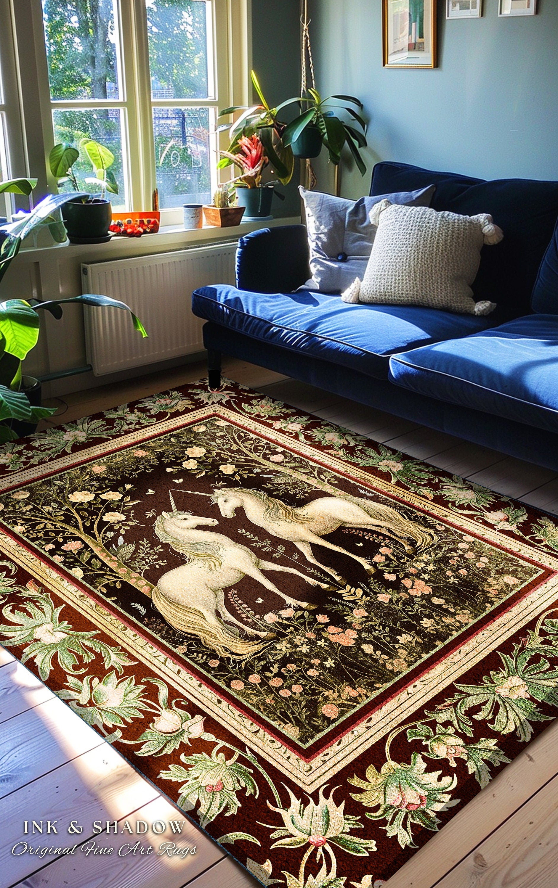 Mystic Storybook Aesthetic Unicorn Rug | Whimsical Sage Green Ornate Baroque Fantasy Area Rug Enchanted Nouveau Cottagecore Fairytale Accent