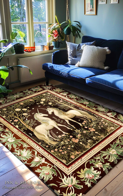 Mystic Storybook Aesthetic Unicorn Rug | Whimsical Sage Green Ornate Baroque Fantasy Area Rug Enchanted Nouveau Cottagecore Fairytale Accent