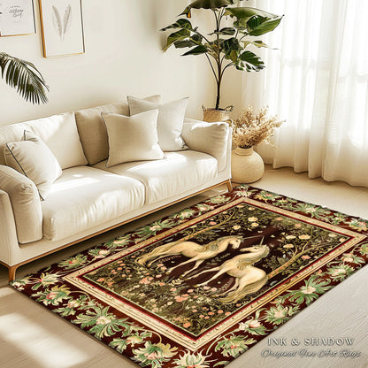 Mystic Storybook Aesthetic Unicorn Rug | Whimsical Sage Green Ornate Baroque Fantasy Area Rug Enchanted Nouveau Cottagecore Fairytale Accent