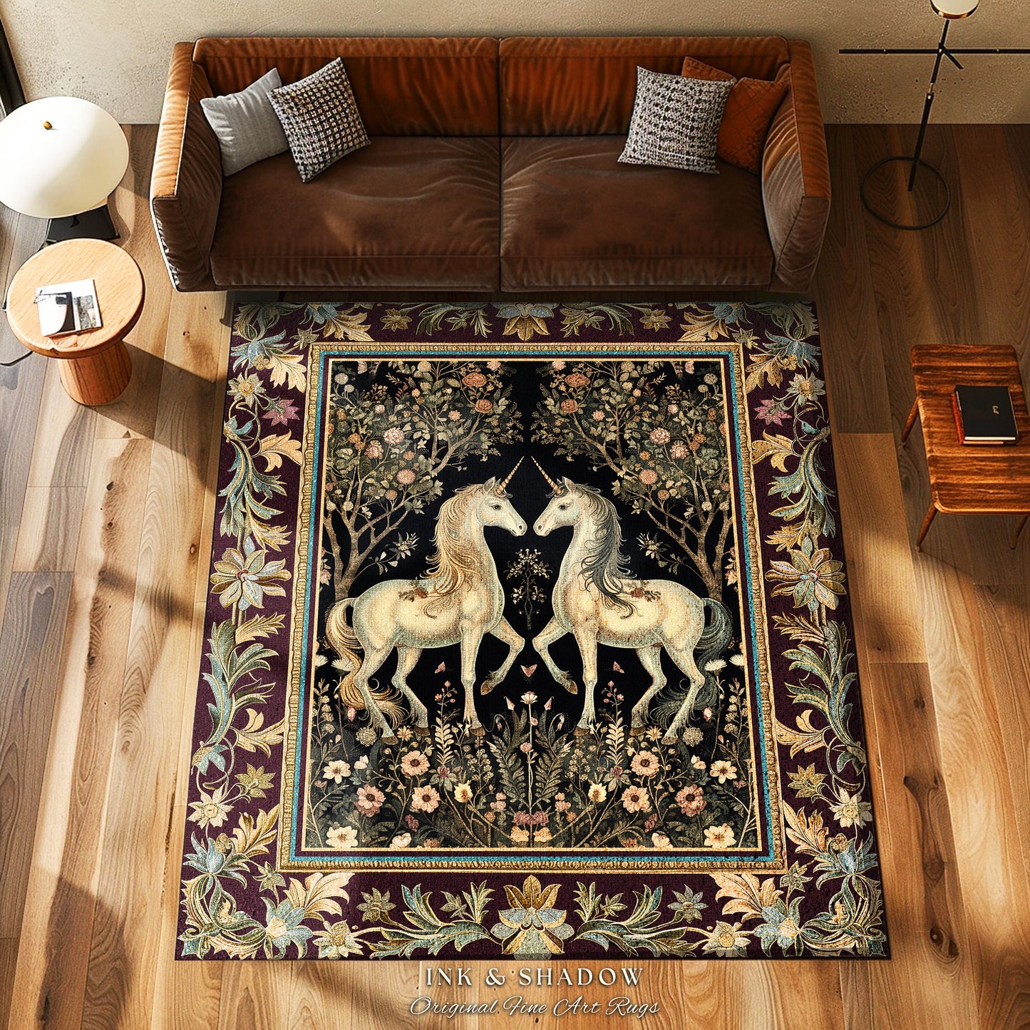 Enchanting Gothic Unicorn Lover Rug | Ethereal Woodland Whimsy Floral Fairytale Home Accent Rug Whimsical Decor Magical Fairycore Bedroom |