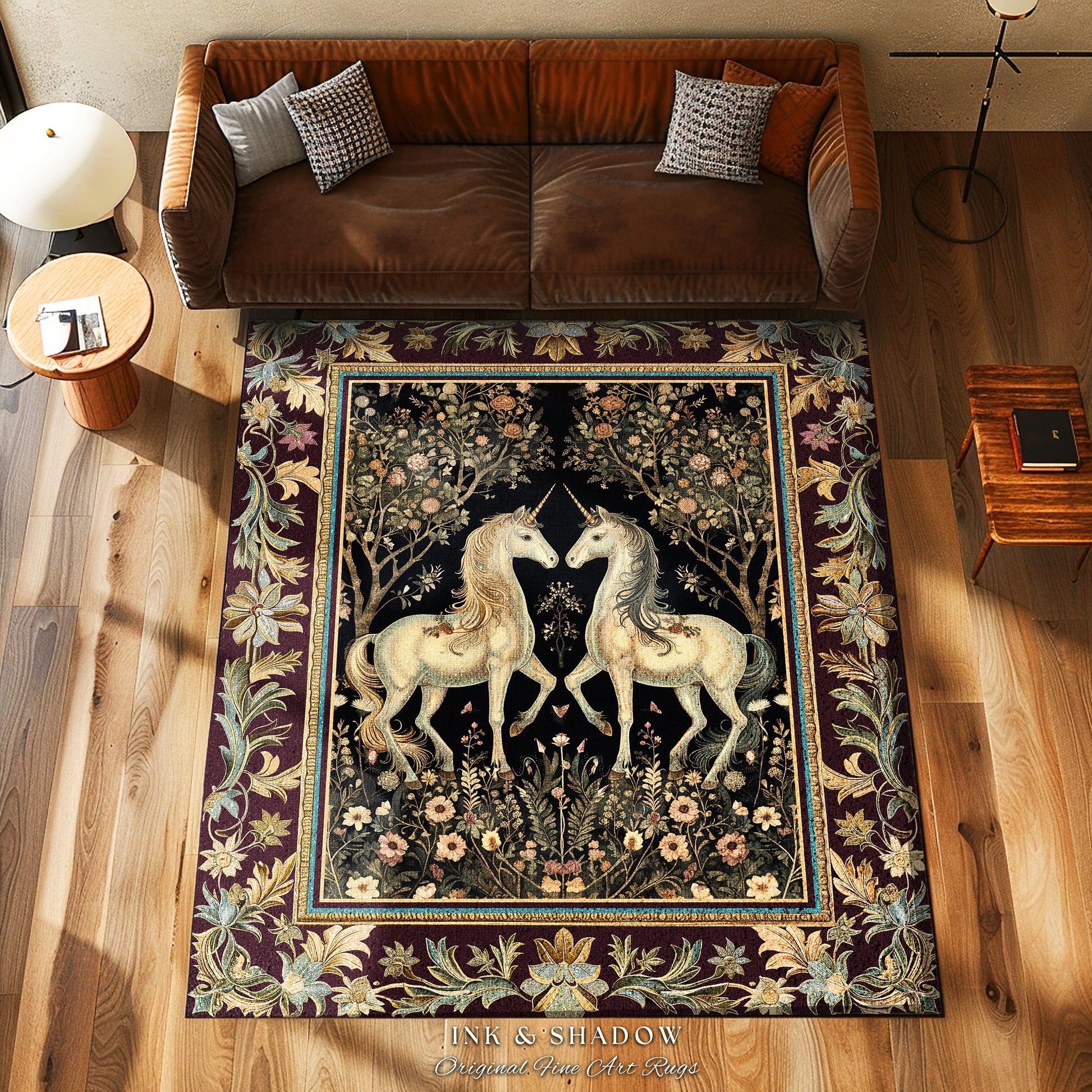 Enchanting Gothic Unicorn Lover Rug | Ethereal Woodland Whimsy Floral Fairytale Home Accent Rug Whimsical Decor Magical Fairycore Bedroom |
