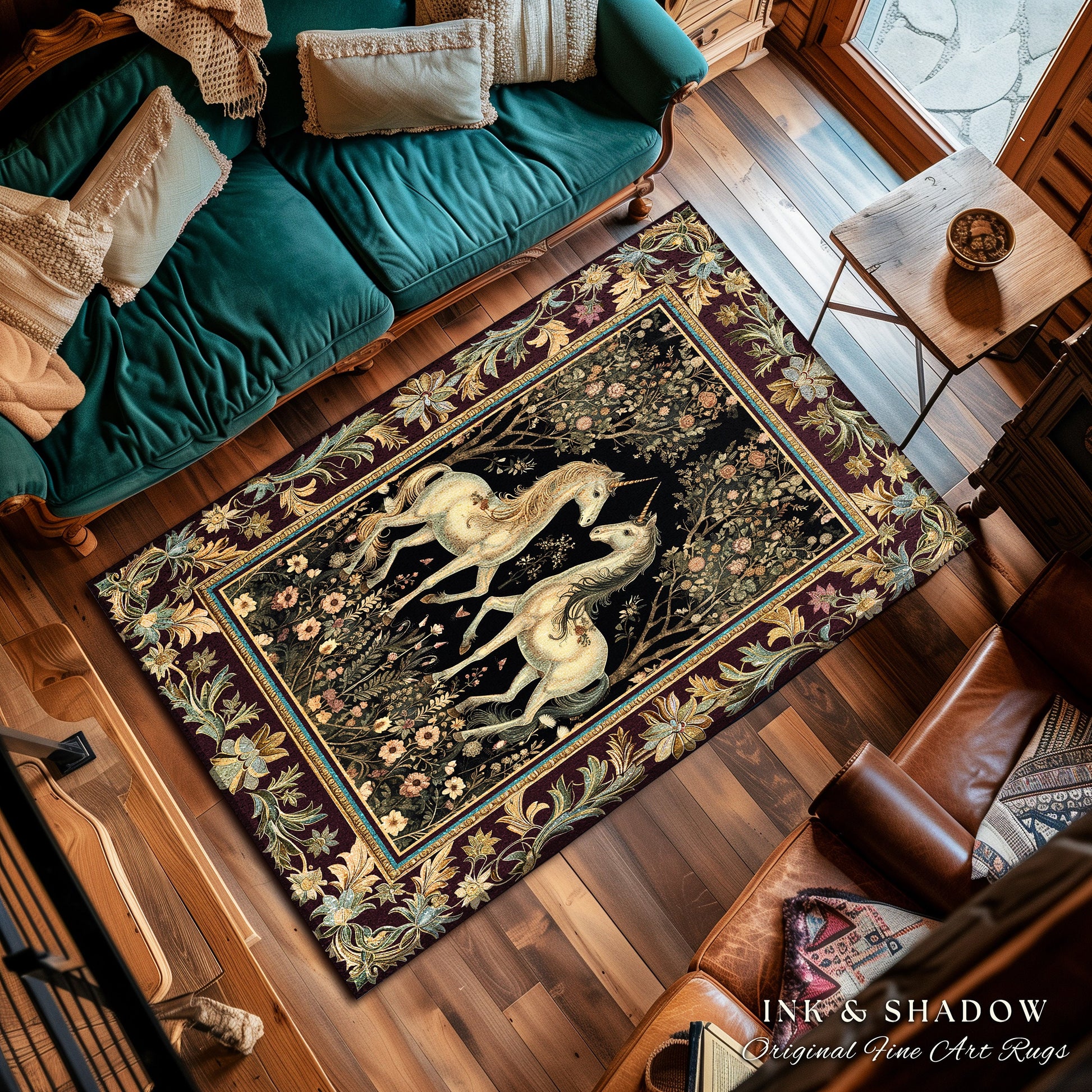 Enchanting Gothic Unicorn Lover Rug | Ethereal Woodland Whimsy Floral Fairytale Home Accent Rug Whimsical Decor Magical Fairycore Bedroom |