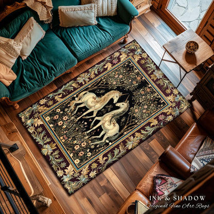 Enchanting Gothic Unicorn Lover Rug | Ethereal Woodland Whimsy Floral Fairytale Home Accent Rug Whimsical Decor Magical Fairycore Bedroom |