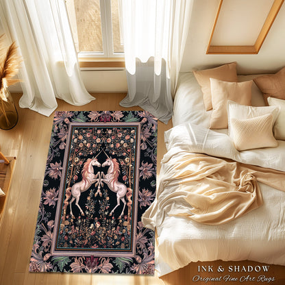 Floral Fairytale Ethereal Unicorn Area rug | Woodland Whimsy Fairy Home Accent Rug Whimsical Lavender Purple Decor Magic Cottagecore Cute |