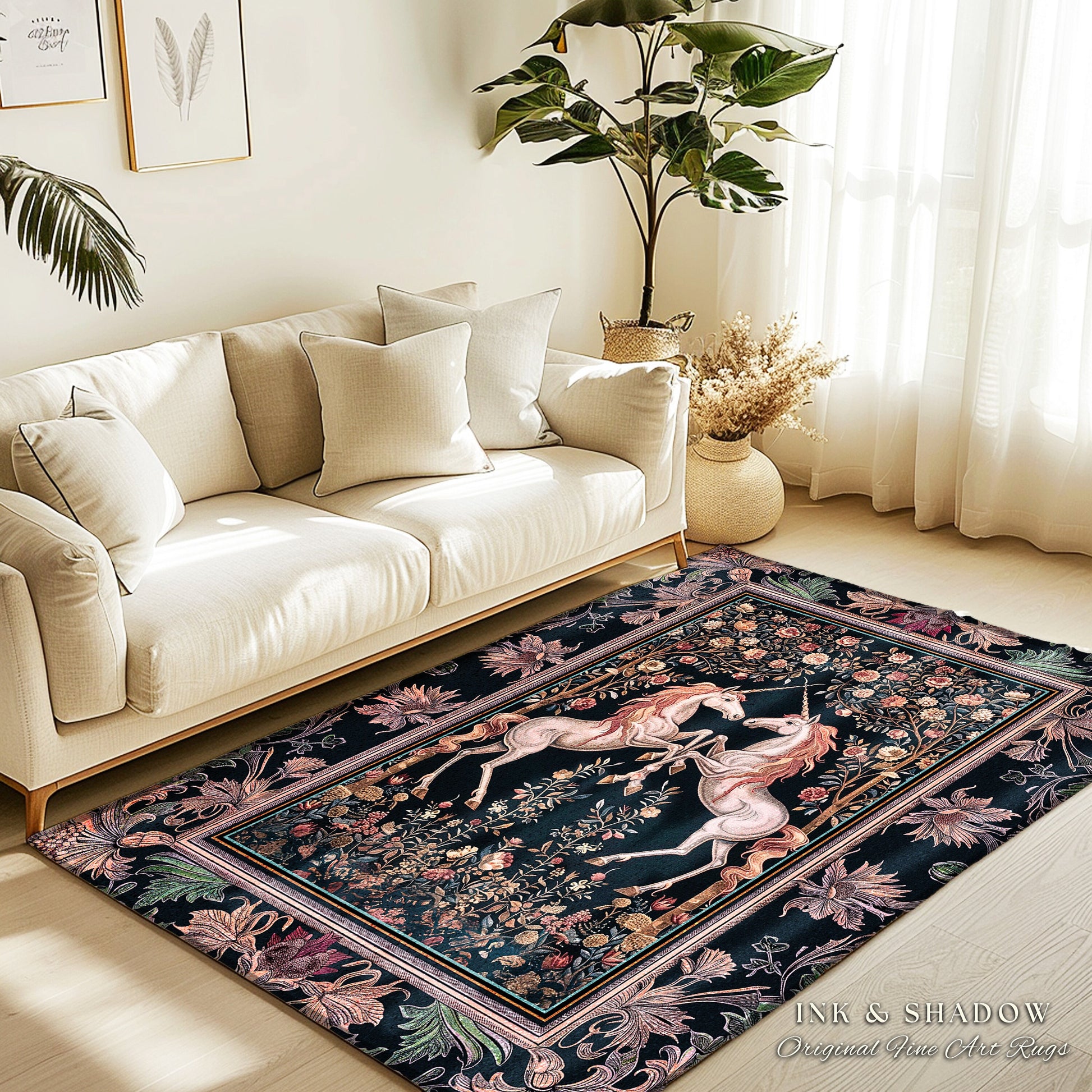 Floral Fairytale Ethereal Unicorn Area rug | Woodland Whimsy Fairy Home Accent Rug Whimsical Lavender Purple Decor Magic Cottagecore Cute |
