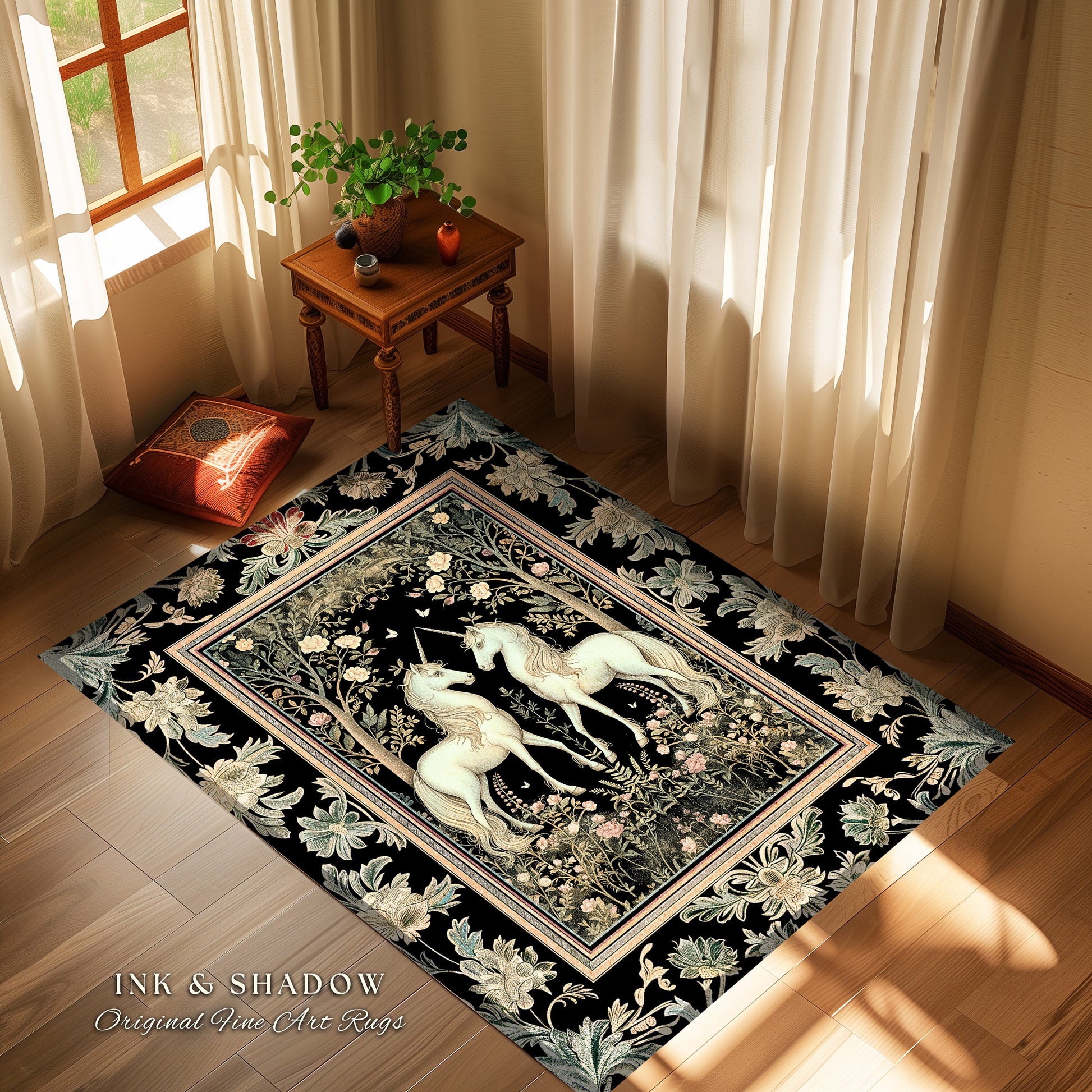 Magic Garden Ethereal Unicorn Rug | Folklore Aesthetic Storybook Woodland Whimsy Floral Fairytale Home Accent Rug Fairycore Bedroom Gothic |