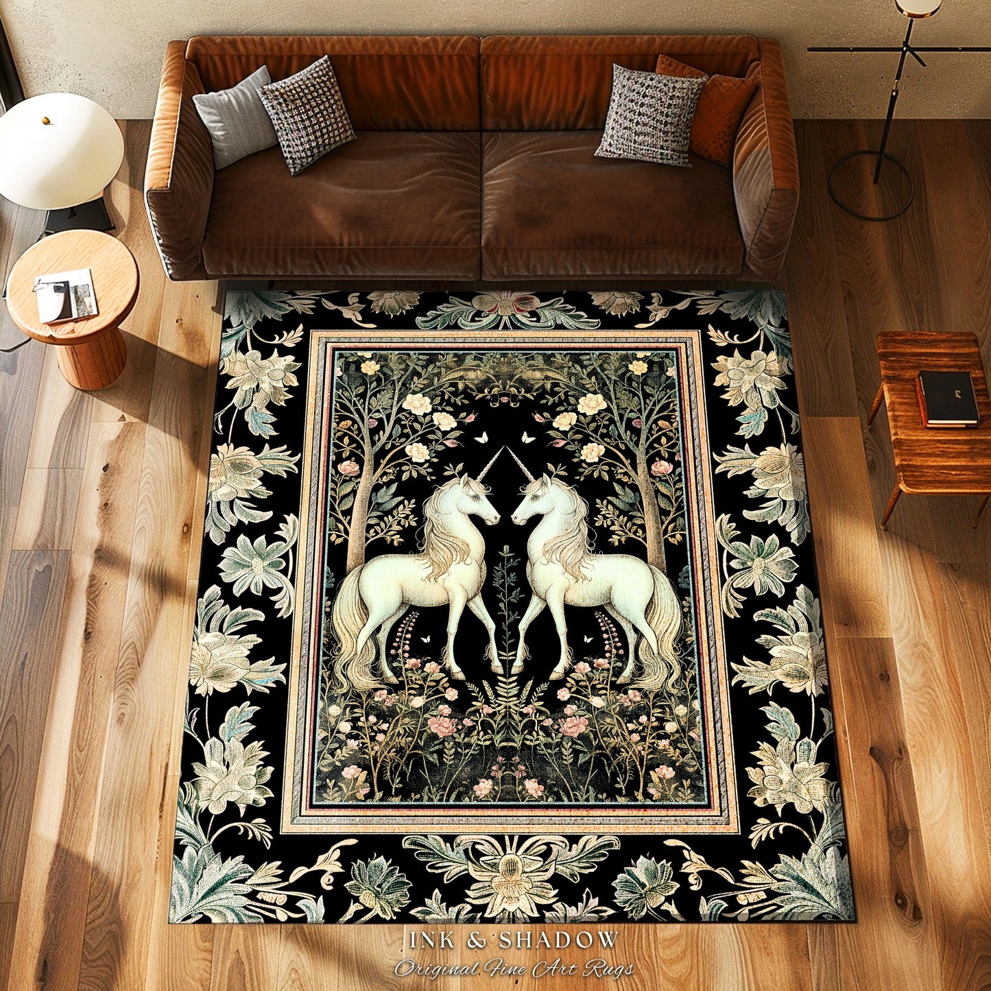 Magic Garden Ethereal Unicorn Rug | Folklore Aesthetic Storybook Woodland Whimsy Floral Fairytale Home Accent Rug Fairycore Bedroom Gothic |
