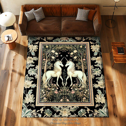 Magic Garden Ethereal Unicorn Rug | Folklore Aesthetic Storybook Woodland Whimsy Floral Fairytale Home Accent Rug Fairycore Bedroom Gothic |