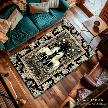 Magic Garden Ethereal Unicorn Rug | Folklore Aesthetic Storybook Woodland Whimsy Floral Fairytale Home Accent Rug Fairycore Bedroom Gothic |
