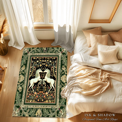 Royal Unicorns Ethereal Unicorn Rug | Fantasy Storybook Enchanted Bedroom Rug Whimsical Home Accent Sage Green Baroque Area Rug Cottagecore