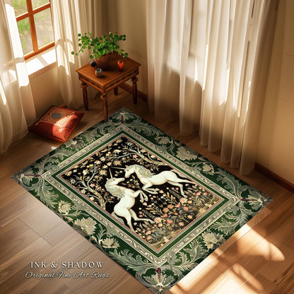 Royal Unicorns Ethereal Unicorn Rug | Fantasy Storybook Enchanted Bedroom Rug Whimsical Home Accent Sage Green Baroque Area Rug Cottagecore