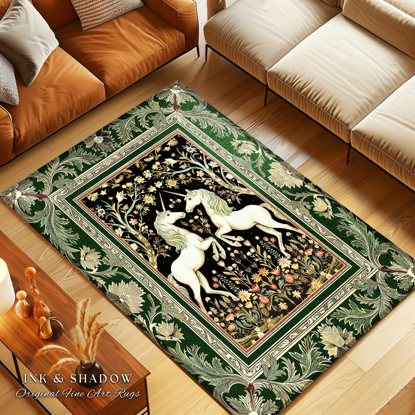 Royal Unicorns Ethereal Unicorn Rug | Fantasy Storybook Enchanted Bedroom Rug Whimsical Home Accent Sage Green Baroque Area Rug Cottagecore