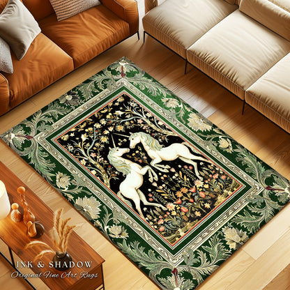 Royal Unicorns Ethereal Unicorn Rug | Fantasy Storybook Enchanted Bedroom Rug Whimsical Home Accent Sage Green Baroque Area Rug Cottagecore