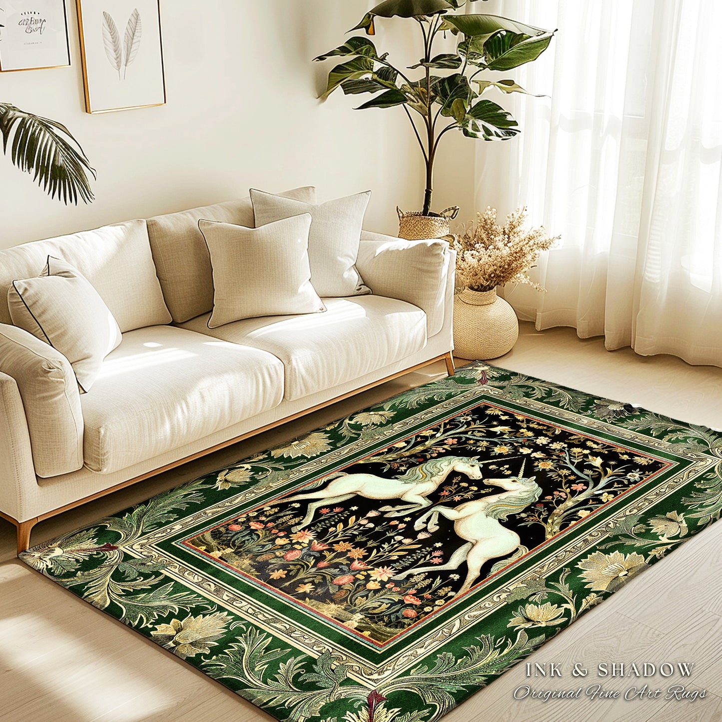 Royal Unicorns Ethereal Unicorn Rug | Fantasy Storybook Enchanted Bedroom Rug Whimsical Home Accent Sage Green Baroque Area Rug Cottagecore