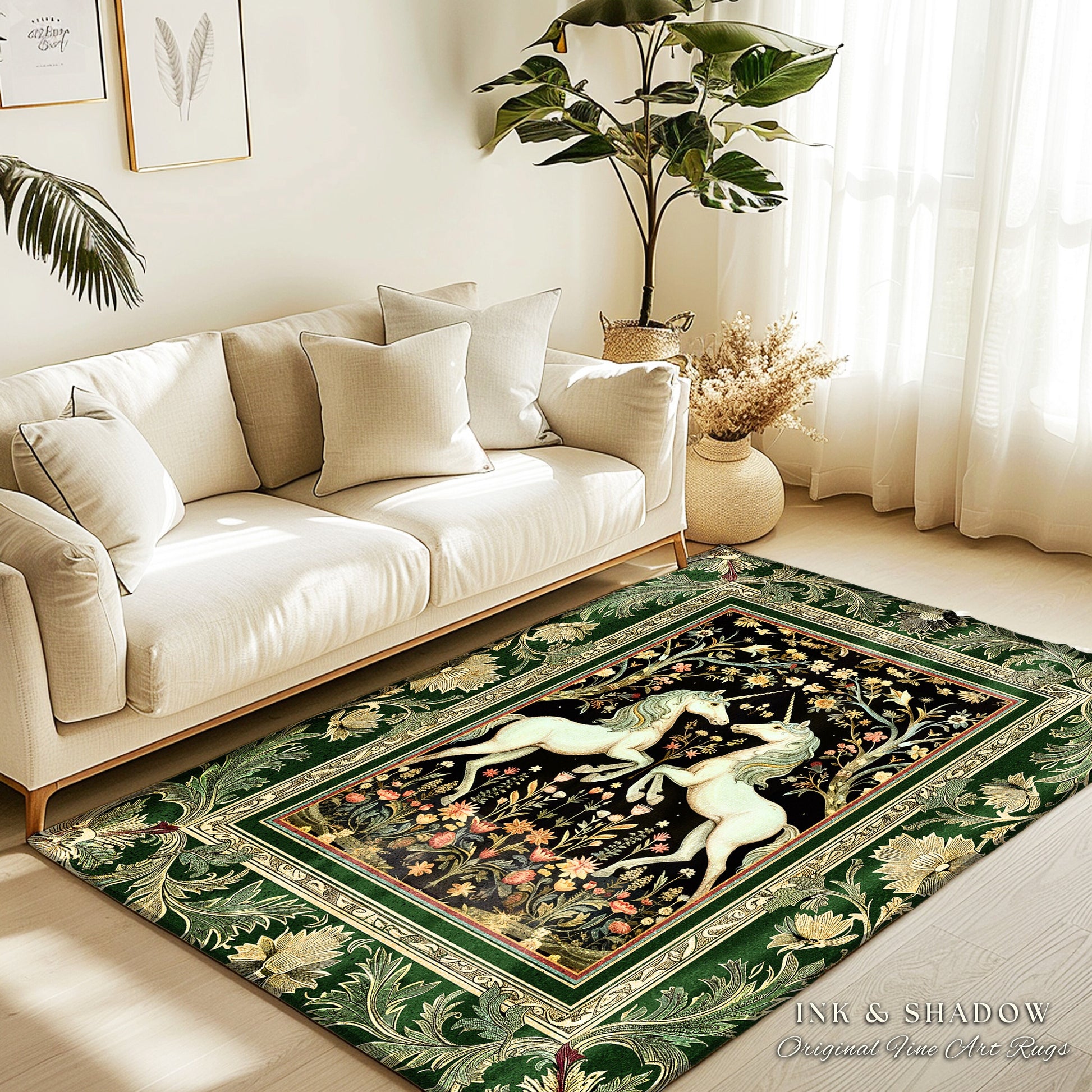 Royal Unicorns Ethereal Unicorn Rug | Fantasy Storybook Enchanted Bedroom Rug Whimsical Home Accent Sage Green Baroque Area Rug Cottagecore