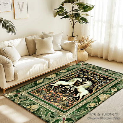 Royal Unicorns Ethereal Unicorn Rug | Fantasy Storybook Enchanted Bedroom Rug Whimsical Home Accent Sage Green Baroque Area Rug Cottagecore