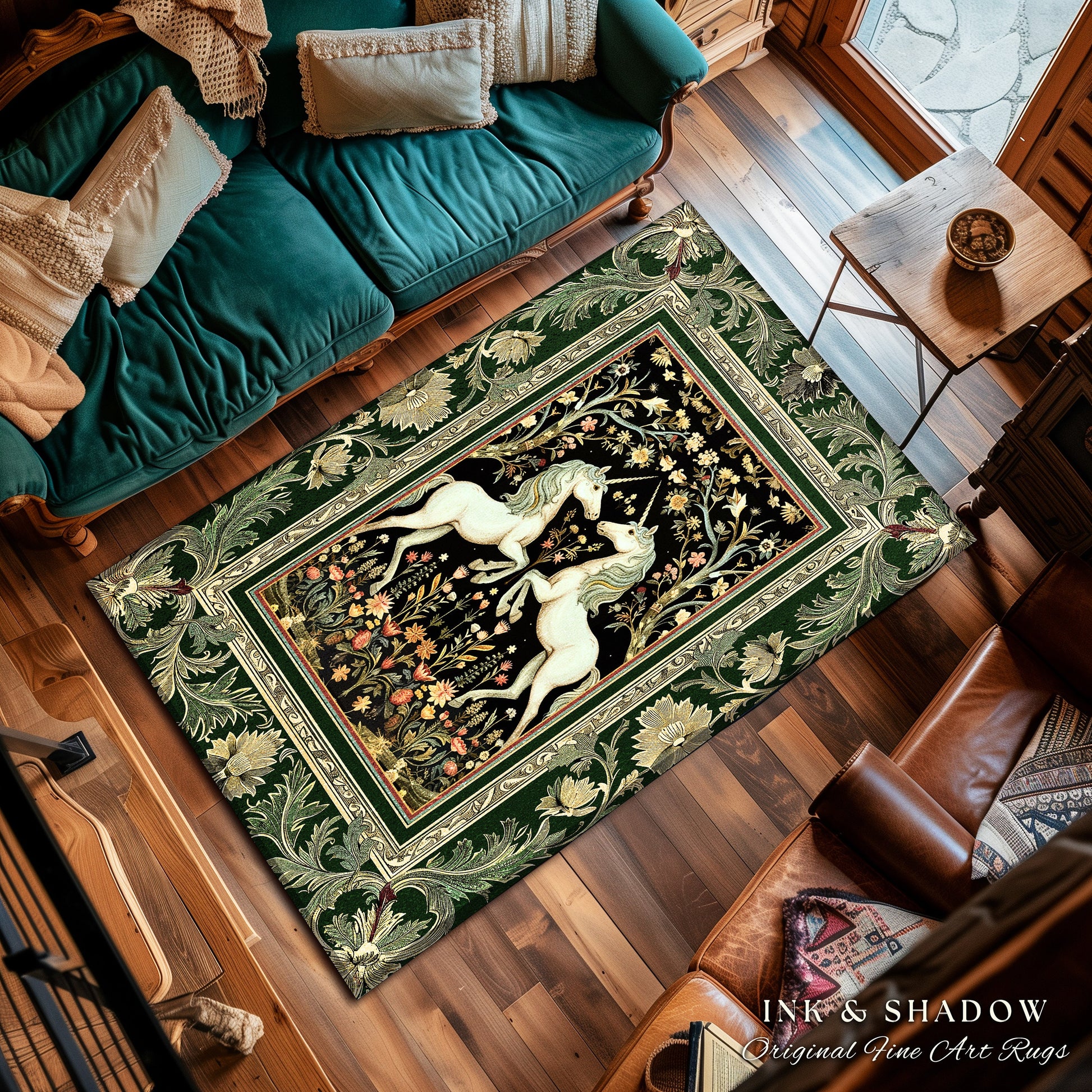 Royal Unicorns Ethereal Unicorn Rug | Fantasy Storybook Enchanted Bedroom Rug Whimsical Home Accent Sage Green Baroque Area Rug Cottagecore
