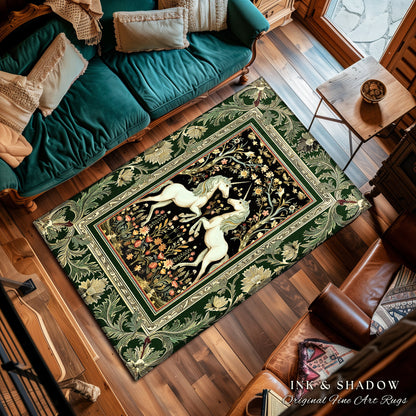 Royal Unicorns Ethereal Unicorn Rug | Fantasy Storybook Enchanted Bedroom Rug Whimsical Home Accent Sage Green Baroque Area Rug Cottagecore