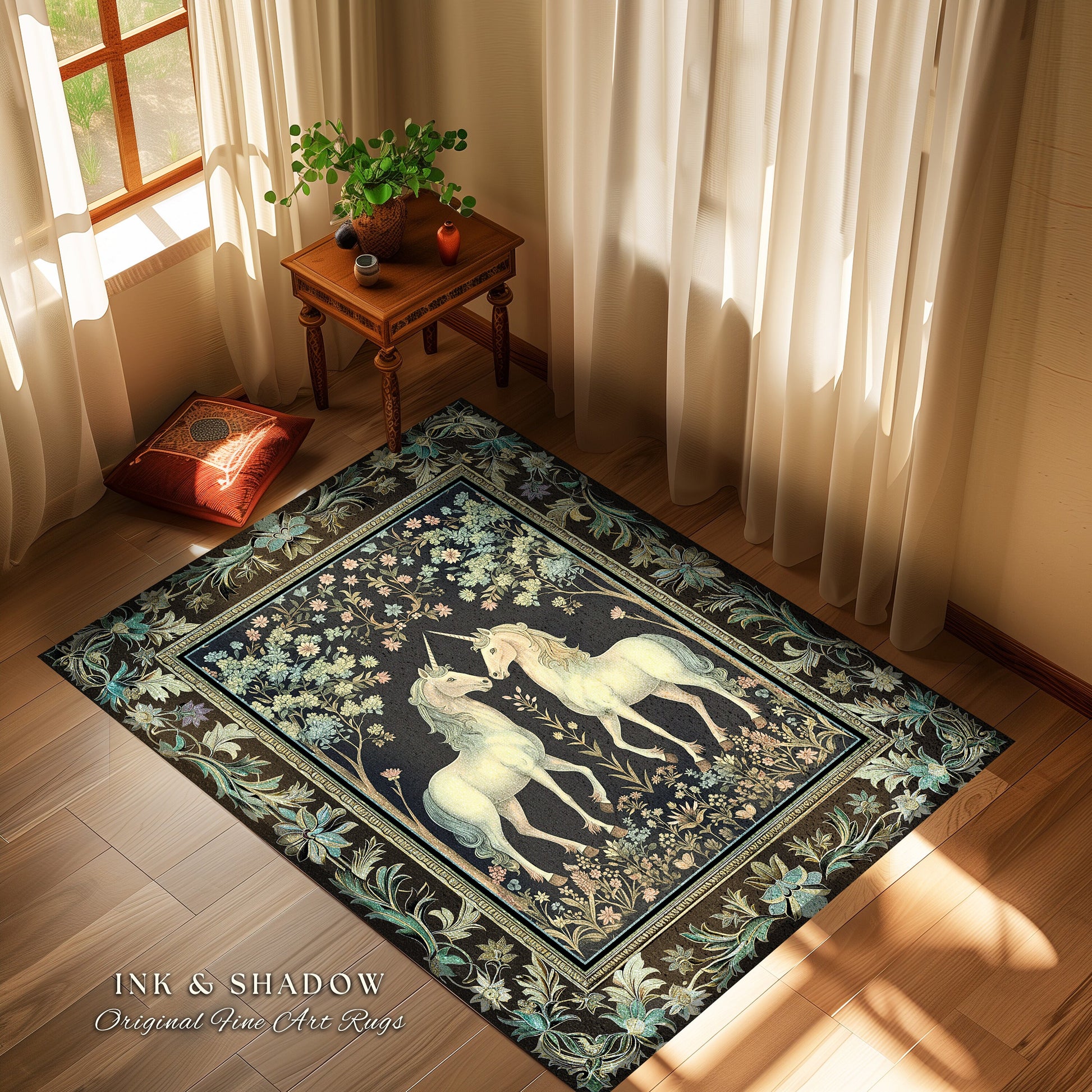 Woodland Floral Unicorn Area Rug | Fairycore Folklore Home Accent Rug Fantasy Storybook Bedroom Whimsical Sage Green Whimsical Cottagecore
