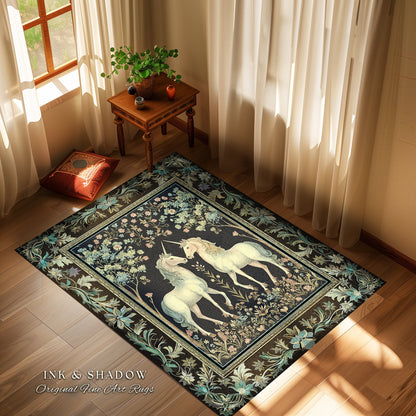 Woodland Floral Unicorn Area Rug | Fairycore Folklore Home Accent Rug Fantasy Storybook Bedroom Whimsical Sage Green Whimsical Cottagecore
