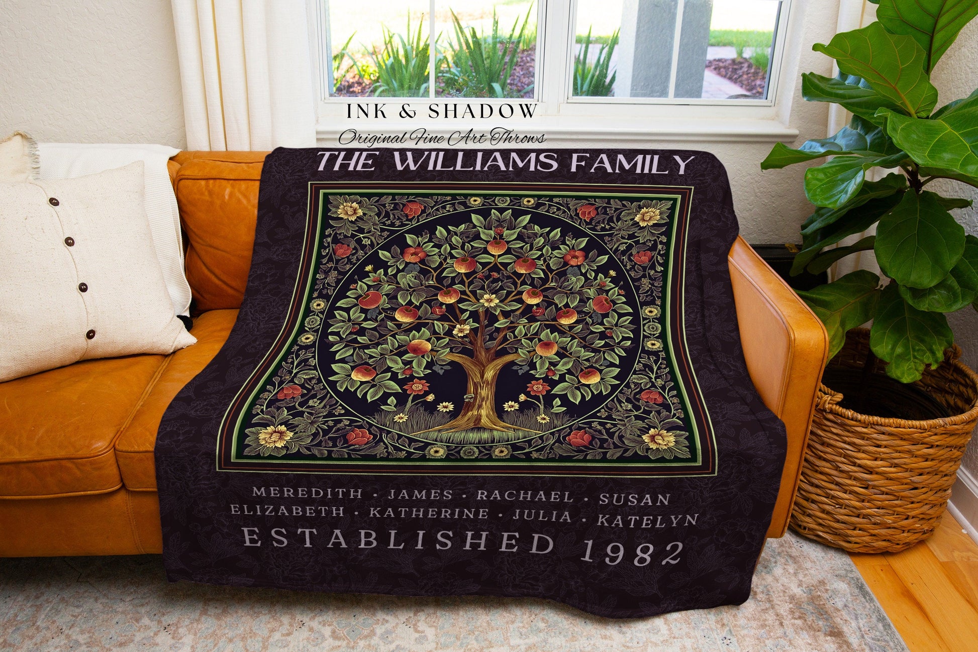 Whimsical Family Tree Blanket Dark Cottagecore Apple Tree of Life Tapestry Throw | Custom Family Heirloom with Names Custom Meaningful Gift