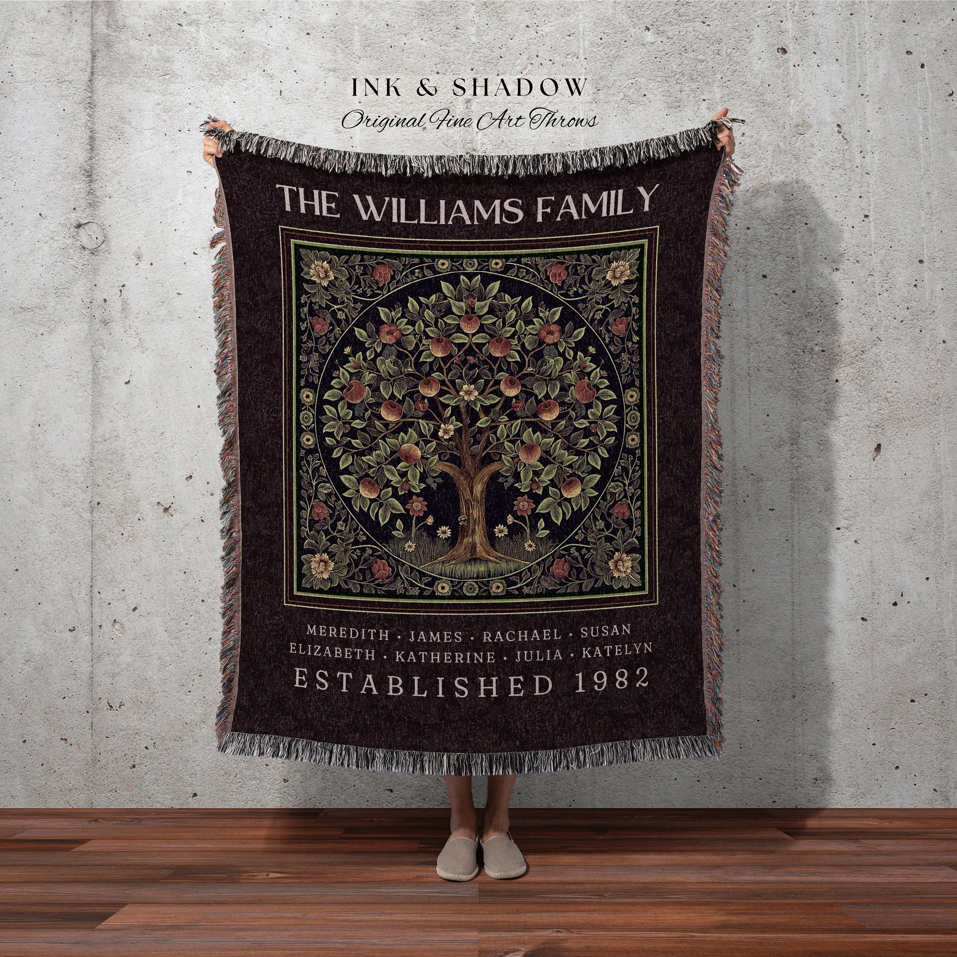 Whimsical Family Tree Blanket Dark Cottagecore Apple Tree of Life Tapestry Throw | Custom Family Heirloom with Names Custom Meaningful Gift