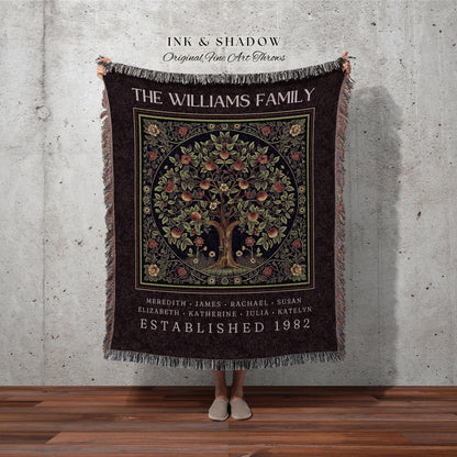 Whimsical Family Tree Blanket Dark Cottagecore Apple Tree of Life Tapestry Throw | Custom Family Heirloom with Names Custom Meaningful Gift