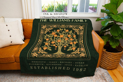 Forest Green Family Tree Personalized Blanket | Customized Heritage Tapestry Custom Gift for Grandma Sentimental for Grandparens Family Name