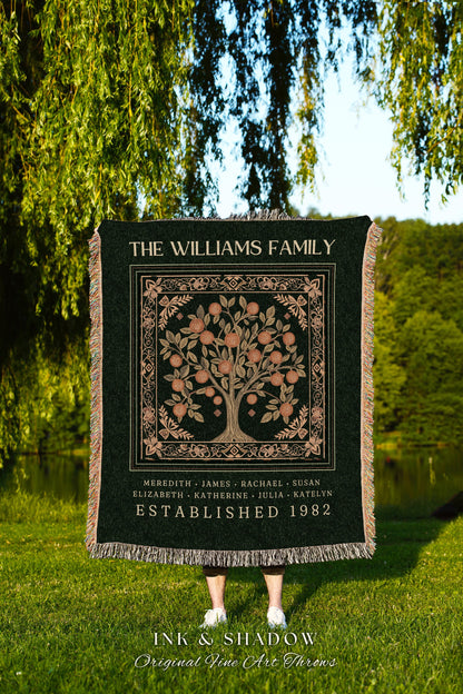 Forest Green Family Tree Personalized Blanket | Customized Heritage Tapestry Custom Gift for Grandma Sentimental for Grandparens Family Name