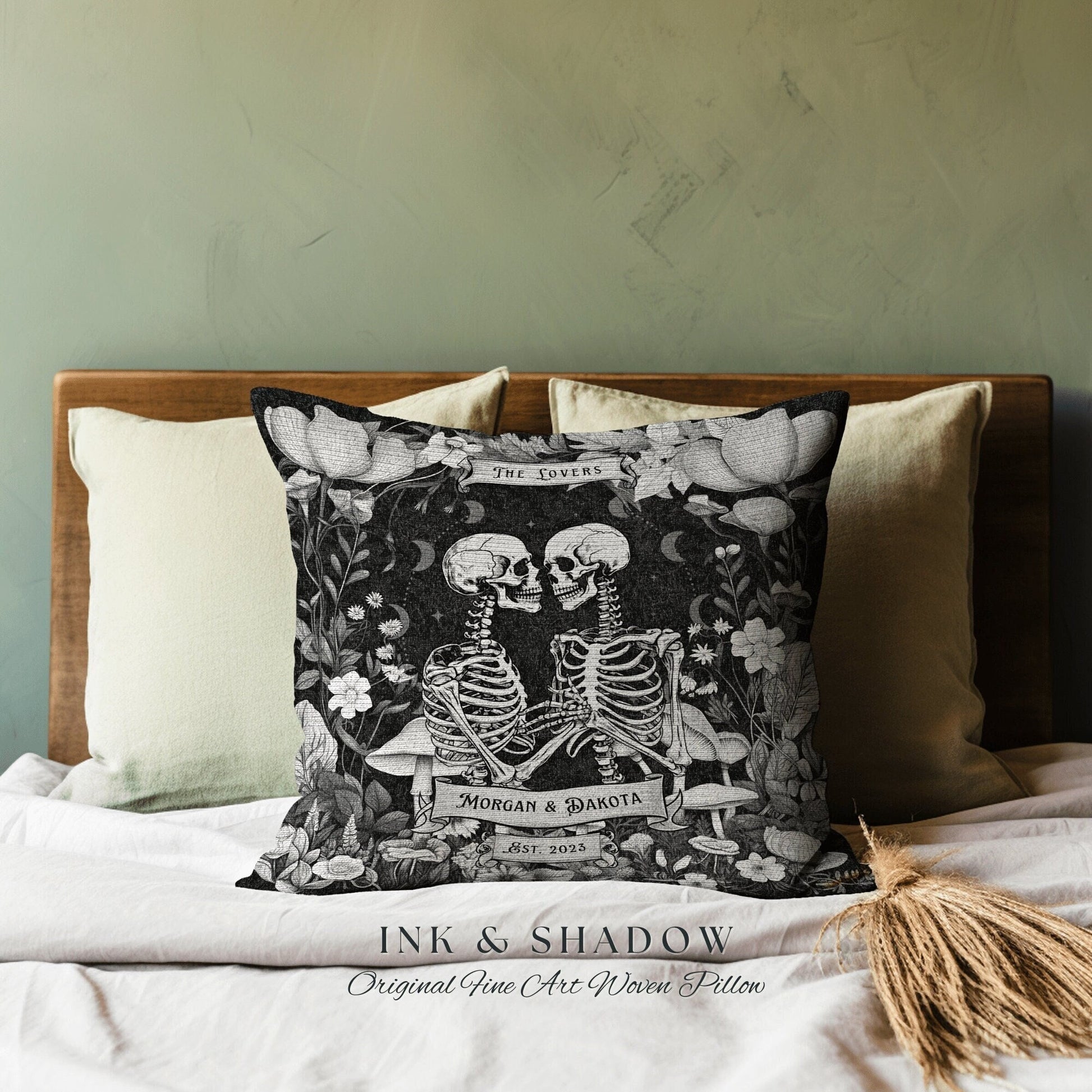 Custom Name Skeleton Pillow | Gothic Decor Custom Anniversary Meaningful Gift for Couple Housewarming Gift Skeleton Lovers Tarot Couple Gift