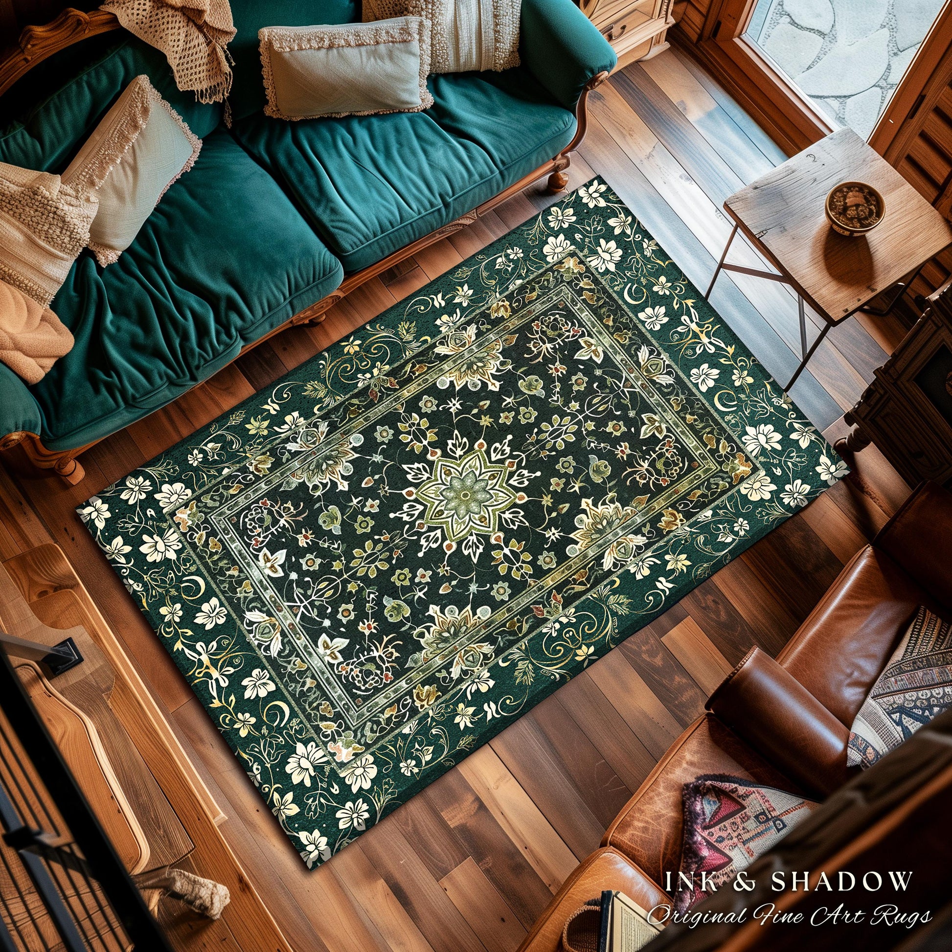 Moody Emerald Green Area Rug | Persian Green Floor Rug Ornate Rug with Blue Green Detail Dark Academia Victorian Gothic Aesthetic Dark Teal