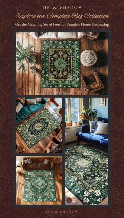 Moody Emerald Green Area Rug | Persian Green Floor Rug Ornate Rug with Blue Green Detail Dark Academia Victorian Gothic Aesthetic Dark Teal