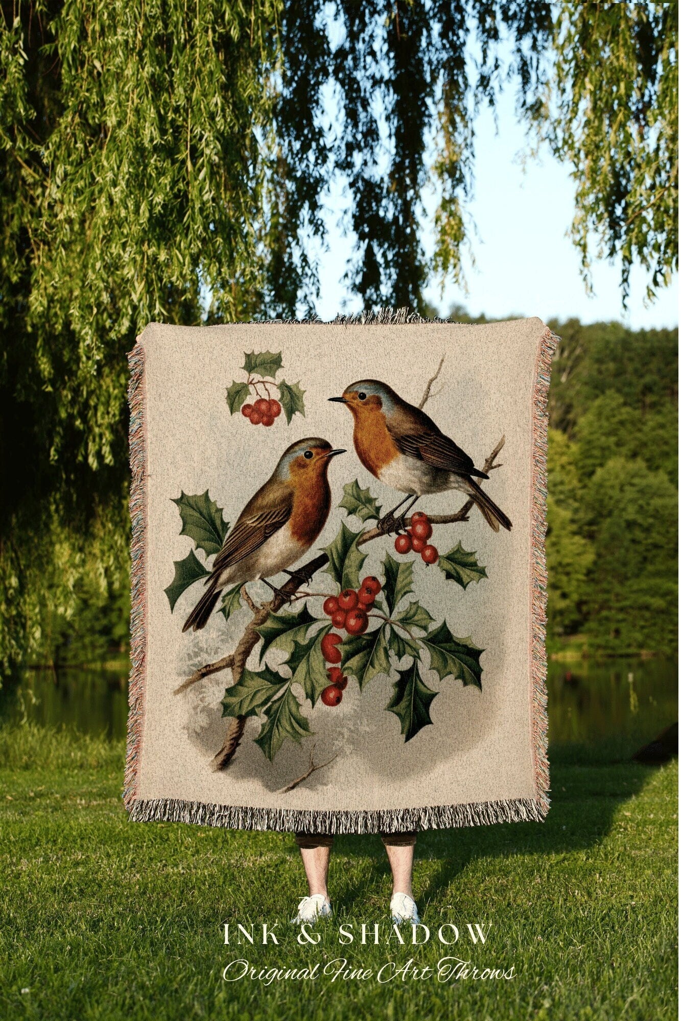 Winter Holly Birds Blanket | Vintage Christmas Cardinal Blanket Woven Tapestry Winter Holiday Decor Snowy Landscape Vintage Home Decor Birds