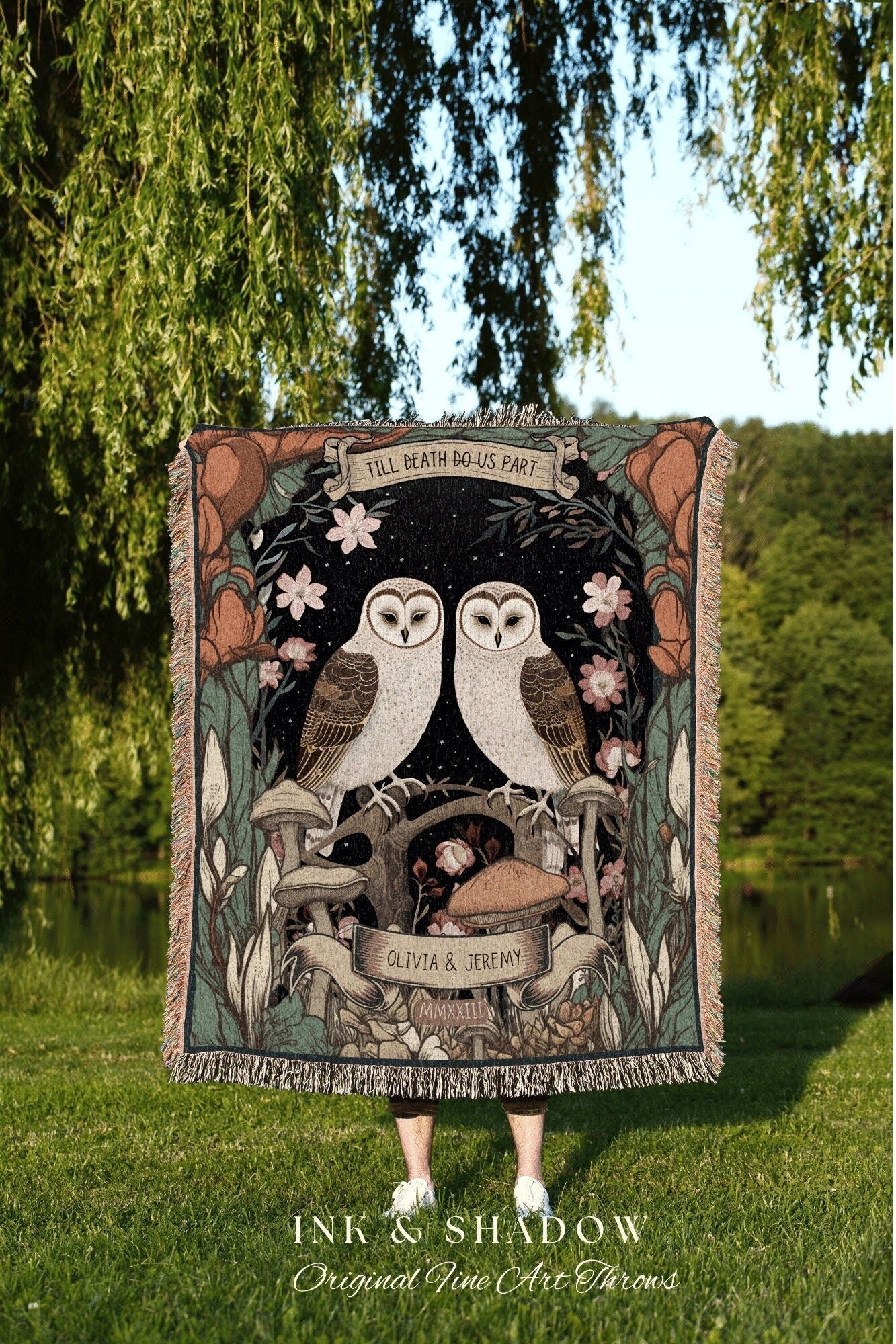 Owl Couple Anniversary Blanket | Woodland Wedding Gothic Owl Blanket Cute Couples Tapestry Personalized Mr & Mrs Anniversary Blanket Woven |