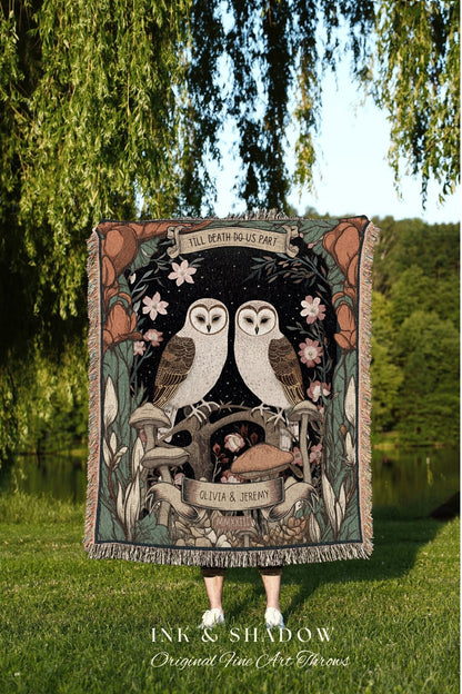 Owl Couple Anniversary Blanket | Woodland Wedding Gothic Owl Blanket Cute Couples Tapestry Personalized Mr & Mrs Anniversary Blanket Woven |