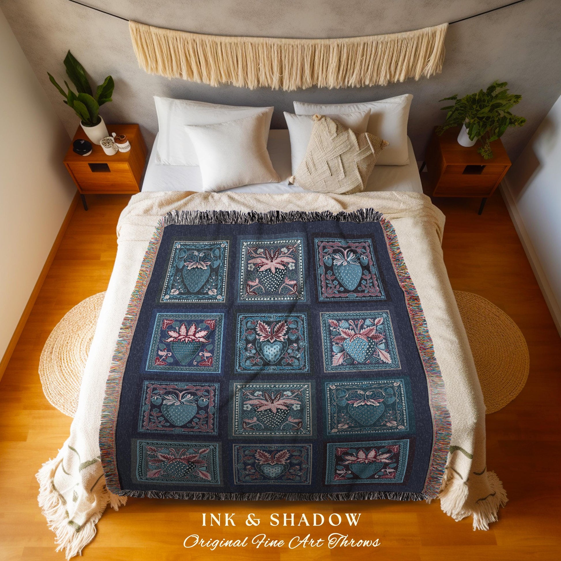 Maximalist Blue Strawberry Tapestry Blanket Whimsical Farmhouse Fairycore Aesthetic | Retro Cottagecore Berry Fruit Throw Indie Room Decor