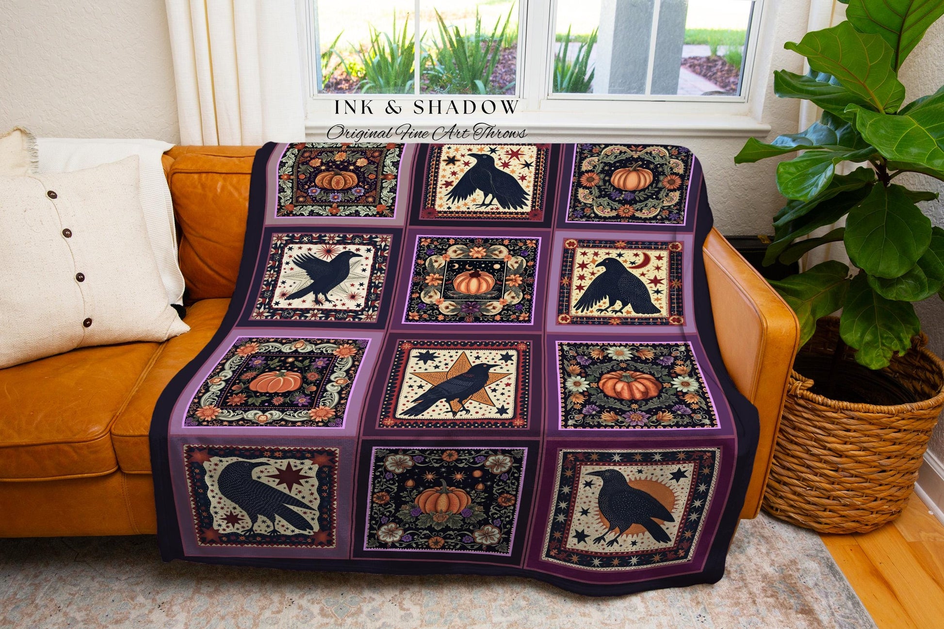 Witchy Whimsical Raven Pumpkin Throw Purple Halloween Aesthetic Cozy Decor | Gothic Tapestry Blanket Crowcore Retro Celestial Cottagecore