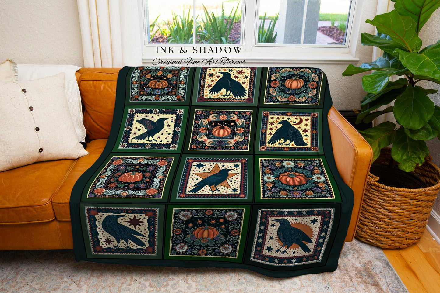 Woodland Gothic Raven Pumpkin Blanket Forest Green Cozy Dark Cottagecore Decor | Witchy Halloween Woven Tapestry Throw Rustic Crowcore Art