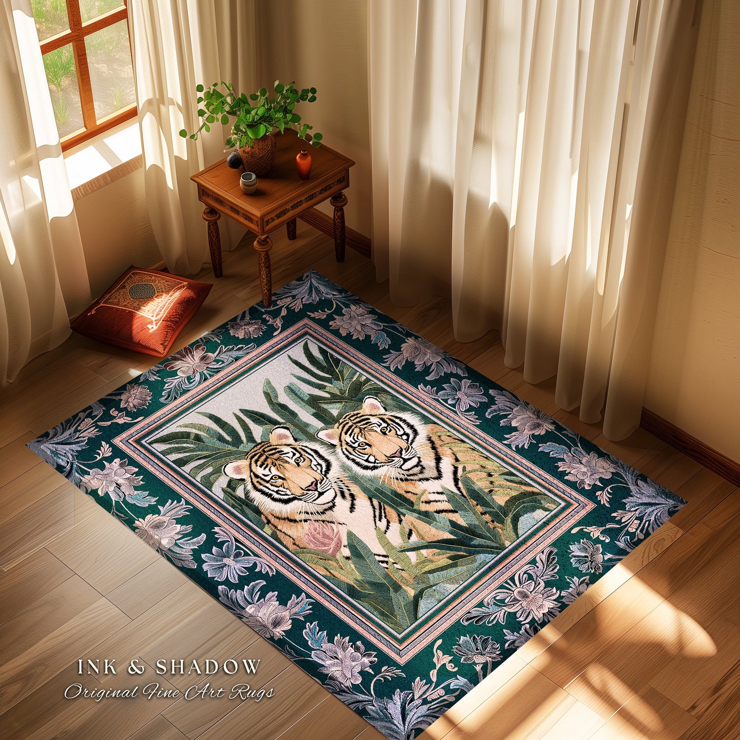 Lush Jungle Tiger Area Rug | Tropical Foliage Bedroom Nature Inspired Room Decor Safari Jungle Leaves Floral Fairycore Boho Bedroom Rug |