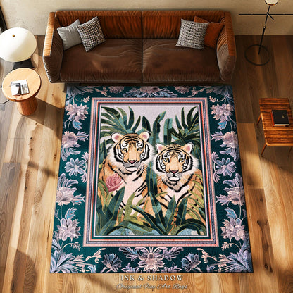 Lush Jungle Tiger Area Rug | Tropical Foliage Bedroom Nature Inspired Room Decor Safari Jungle Leaves Floral Fairycore Boho Bedroom Rug |