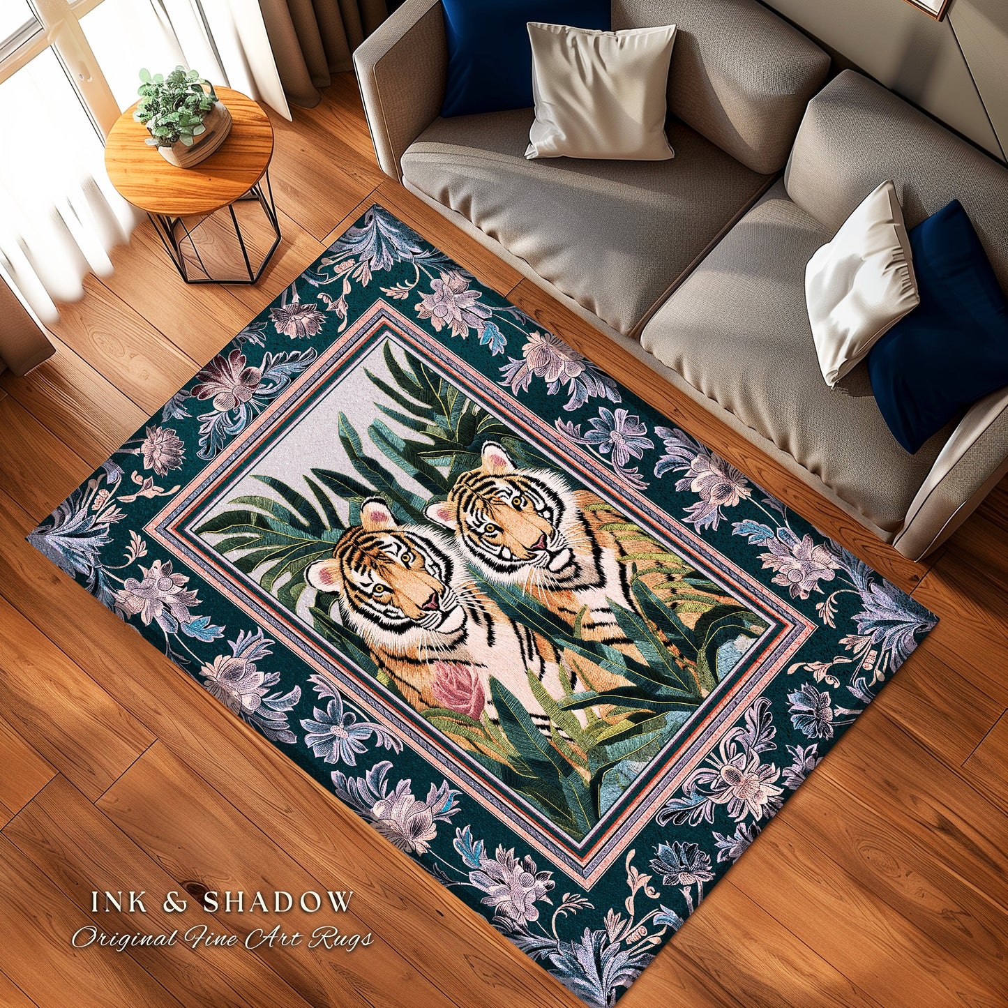 Lush Jungle Tiger Area Rug | Tropical Foliage Bedroom Nature Inspired Room Decor Safari Jungle Leaves Floral Fairycore Boho Bedroom Rug |