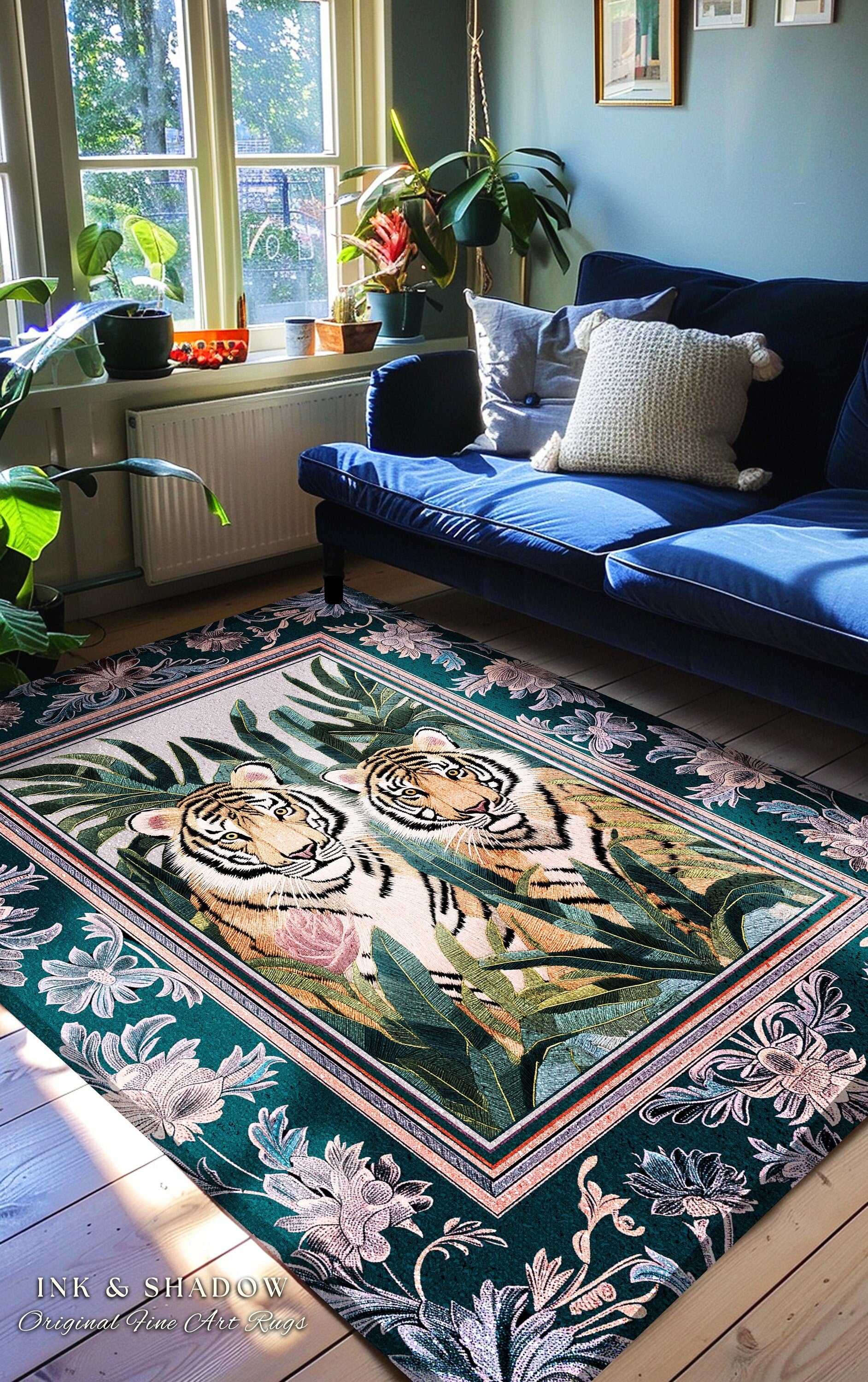 Lush Jungle Tiger Area Rug | Tropical Foliage Bedroom Nature Inspired Room Decor Safari Jungle Leaves Floral Fairycore Boho Bedroom Rug |